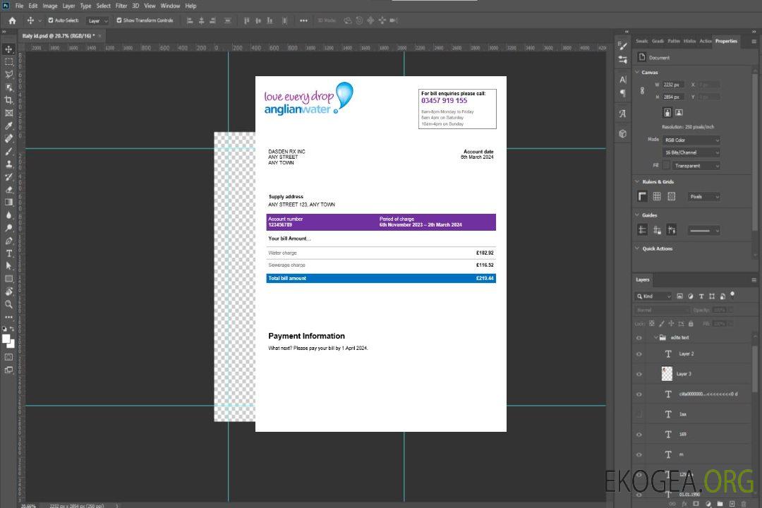Modèle Word et PDF de facture de services publics d'eau d'Anglian aux États-Unis template